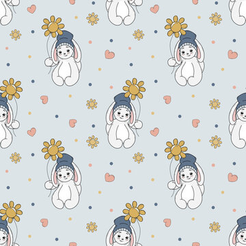 Cute rabbit with yellow balloons. Sunflower. Valentines day. Seamless pattern. Background. Romantic illustration