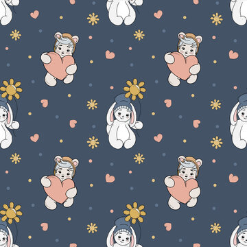 Cute teddy bear with big heart. Cute rabbit. Valentines day. Seamless pattern. Background. Romantic illustration