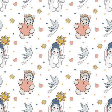 Cute teddy bear with big heart. Cute rabbit. Valentines day. Seamless pattern. Background. Romantic illustration
