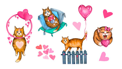 Watercolor funny red cats for Valentine's Day isolated on a white background. Cute kittens in love set. Cartoon funny animals with hearts. Hand drawn illustrations