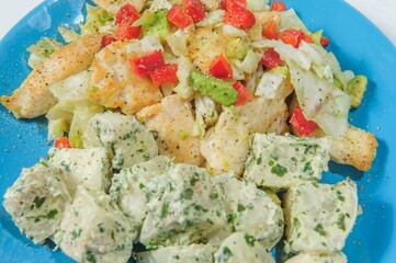 Stewed chiken with boiled potato on the plate.