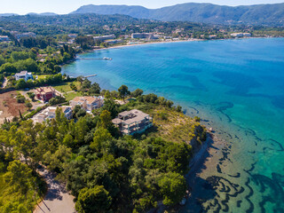 Fototapeta na wymiar Aerial drone view of Agios Nikolaos Beach in dasia corfu greece