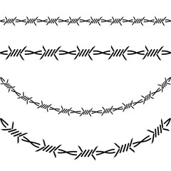 Barbed wire set, straight and curved arc, vector illustration, flat silhouette 