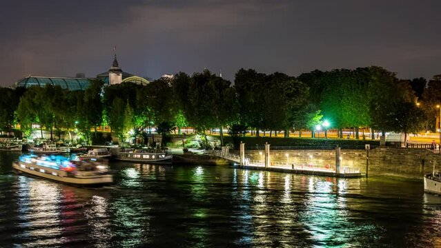 Night Boats Traffic at Paris Seine River Docks