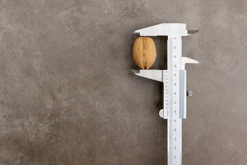 Metal caliper on the rusty grunge background with copy space measuring walnut 