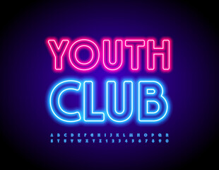 Vector glowing logo Youth Club. Blue Neon Alphabet Letters and Numbers set. Illuminated Led Font