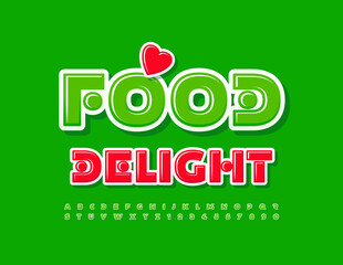 Vector bright template Food Delight with decorative Heart. Green Alphabet Letters and Numbers set. Glossy modern Font