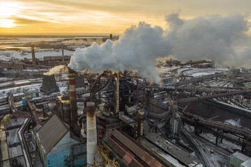 Мetallurgical plant Severstal. Environmental problems of industry/ Bird's eye view. March 2021