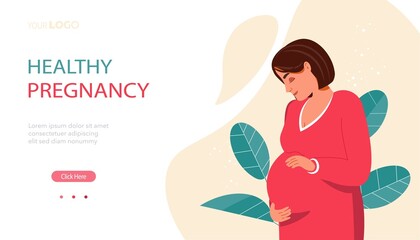 Modern pregnancy and motherhood banner. Poster with beautiful young pregnant woman and place for text. Cute pregnant woman flat cartoon vector illustration. Natural background with leaves.