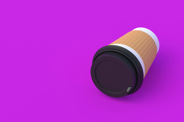 Disposable paper coffee cup with black lid and sleeve. Copy space. 3d render