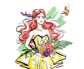 Happy Women's Day greeting card. 8 march modern background. Hand drawn illustration. Girl sketch.