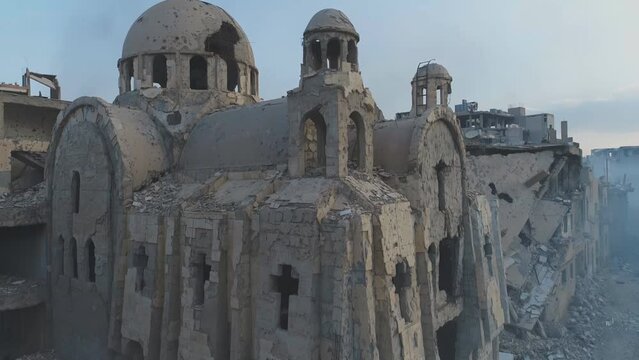 Syria, Deir ez-Zor. Aerial view of a war-torn Christian monastery.