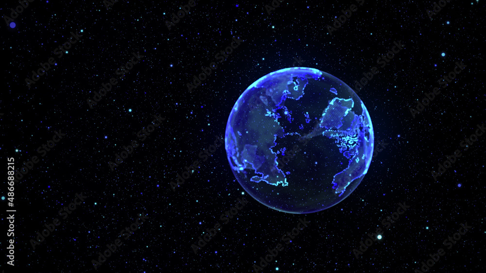 Poster Glowing earth in space. Global network. Blue world map conposition with dots. 3d rendering.