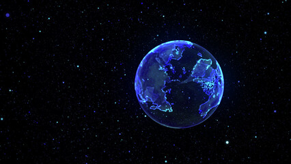 Glowing earth in space. Global network. Blue world map conposition with dots. 3d rendering.