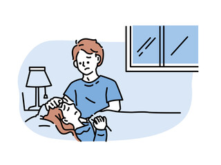 体調不良、看病するイラスト(風邪、熱、病気、寝込む、疲れ、健康) Illustration of ill health and nursing.Cold, fever, illness, sleep, fatigue, health.