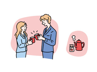 寝起きの男女のイラスト(カップル、夫婦、同棲、朝、コーヒー、新婚生活、幸せ、結婚) 
An illustration of a man and a woman who wake up.Couples, couples, cohabitation, morning, coffee, newlyweds, happiness, marriage.