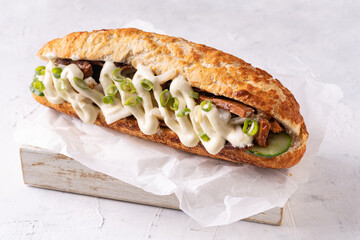 Baguette Asian fusion vegan sandwich with fermented and fresh vegetables