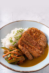 Asian fusion vegan meat-free chickpea steak, garnished with carrot, zucchini and white rice