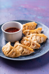 Asian fusion vegan meat-free dumplings with sweet hot sesame sauce