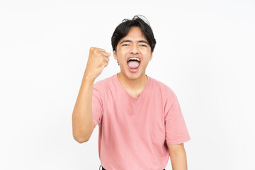 Victorious man. An asian man with t-shirt and white background.