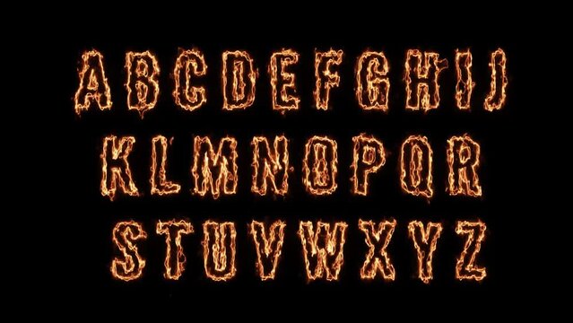 Capital letters Burning Outline with Solar Fire Effect . Orange Fiery Alphabets Set Animation Isolated on Alpha Channel 
