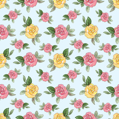 Pattern with roses. Watercolor seamless pattern with rose flowers. Yellow and pink flowers in doodle style on a blue background. Print for textiles.