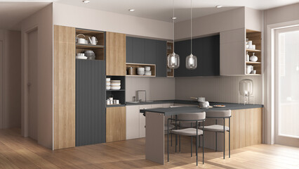 Modern gray and wooden kitchen and dining room in cozy apartment, table with velvet chairs. Cabinets and shelves with potteries, pans and appliances. Parquet, interior design idea