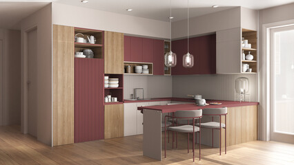 Modern red and wooden kitchen and dining room in cozy apartment, table with velvet chairs. Cabinets and shelves with potteries, pans and appliances. Parquet, interior design idea