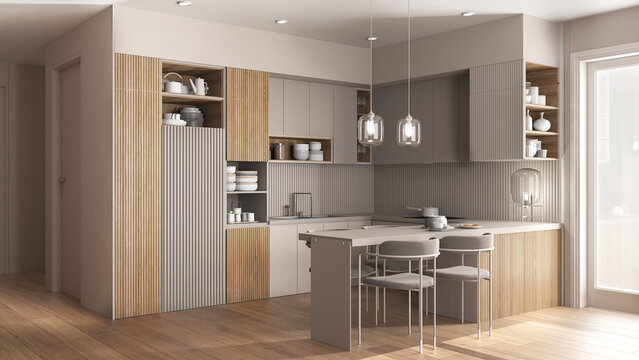 Modern beige and wooden kitchen and dining room in cozy apartment, table with velvet chairs. Cabinets and shelves with potteries, pans and appliances. Parquet, interior design idea