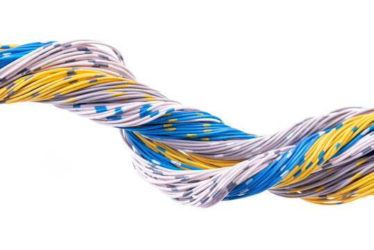 Colored cable and wire in computer telecommunication network systems isolated on white background 