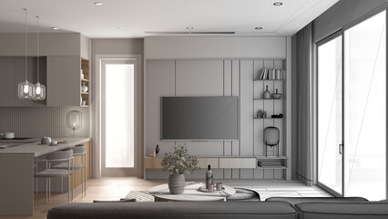 Architect interior designer concept: hand-drawn draft unfinished project that becomes real, living room and kitchen, dining table, chairs. Carpet and parquet, television, big window