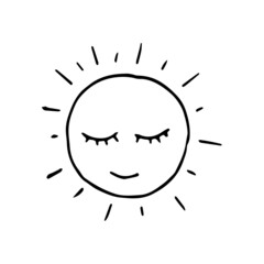 Hand drawn doodle smiling sun. Vector black and white cute sun. Outline.