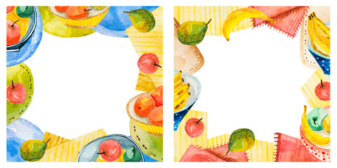 Set of colored square watercolor cards with fruits on isolated white background, still life of fruit plates and picnic tablecloth, frame of bananas, apples and pears, vegan healthy food.