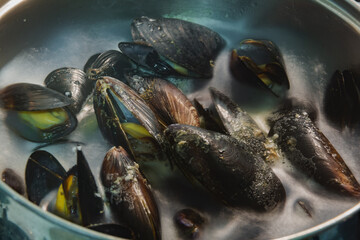 Opened mussels in boiling water in a saucepan. Seafood delicacies. Flat lay