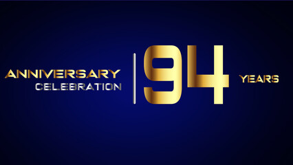 94 year gold anniversary celebration logo, isolated on blue background