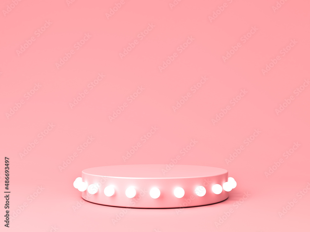 Leinwandbilder blank podium pedestal or platform with glowing retro neon light bulbs isolated on pink pastel color 