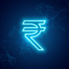 rupee symbol in blue neon glowing light effect