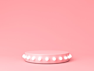 Blank podium pedestal or platform with glowing retro neon light bulbs isolated on pink pastel color background with shadow minimal conceptual 3D rendering