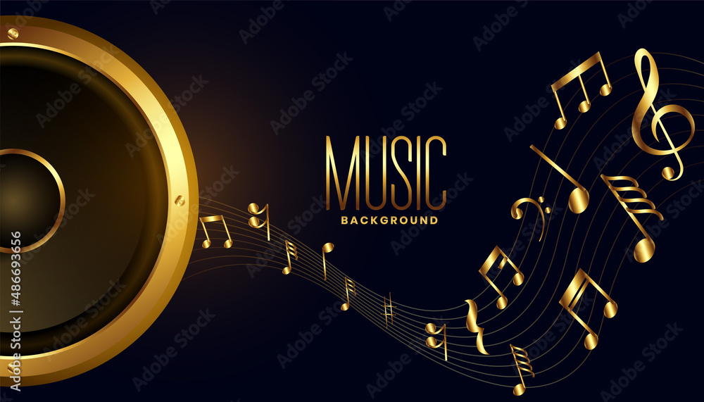 Wall mural golden music speaker with sound notes wave background