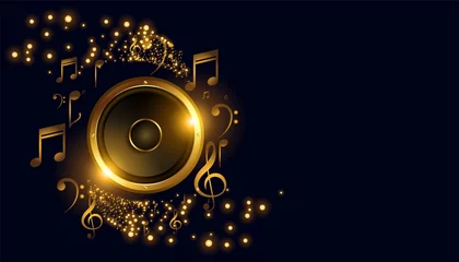Poster golden music speaker with sound notes background © starlineart