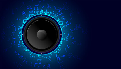 music speaker with blue sound notes background
