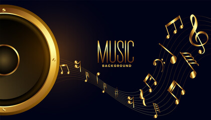 golden music speaker with sound notes wave background