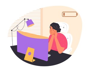 Burnout concept illustration. Exhausted female office worker or student with laptop at desk with empty battery. Frustrated female worker with headache, mental health problems. Flat vector illustration