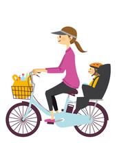 子供を乗せて電動アシスト自転車に乗る女性