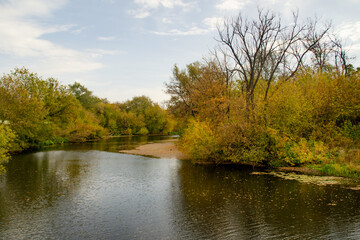 Fototapeta premium River with autumn trees along the banks. Beautiful horizontal landscape