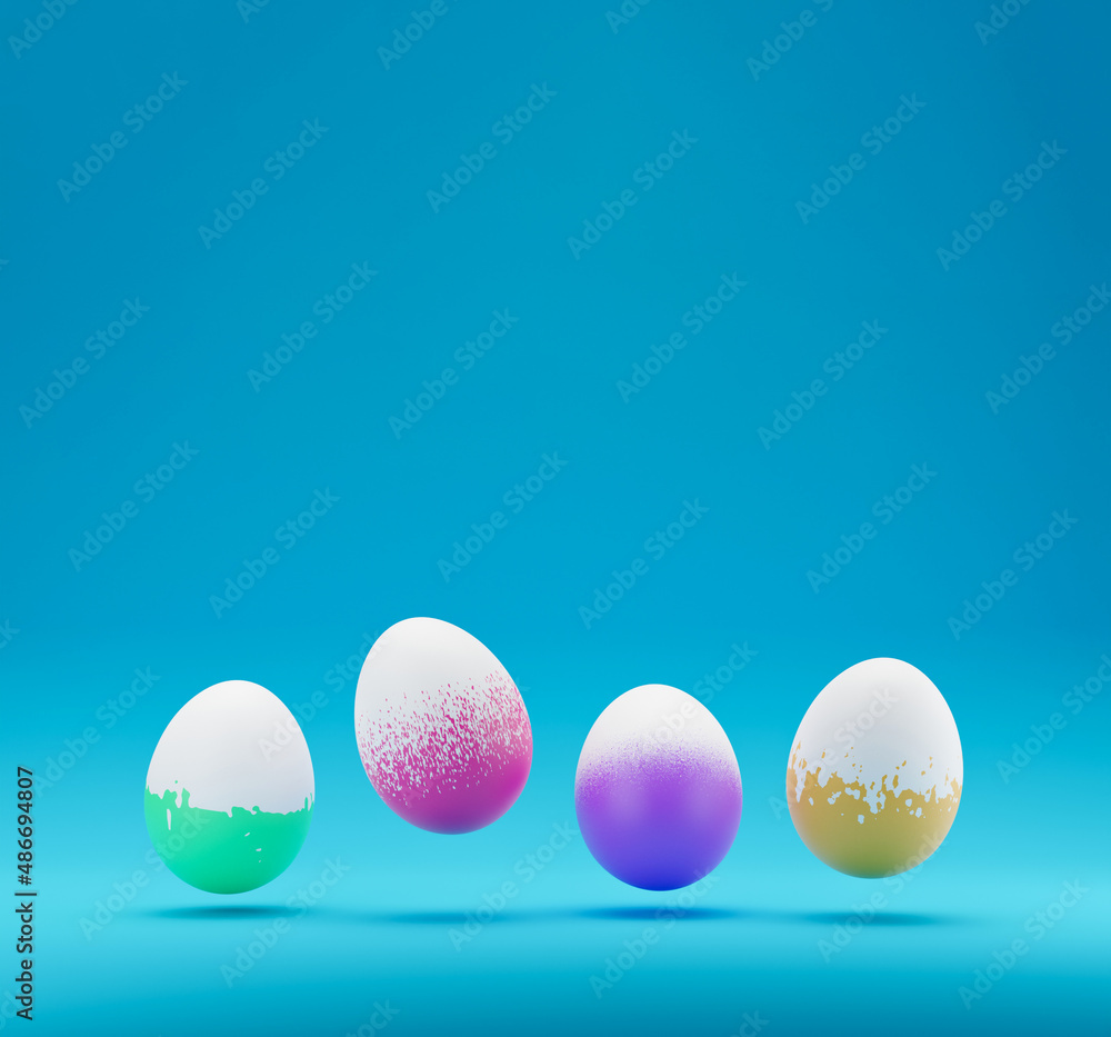 Poster 3d rendering of falling levitation easter eggs with different pattern on blue background. colorful e