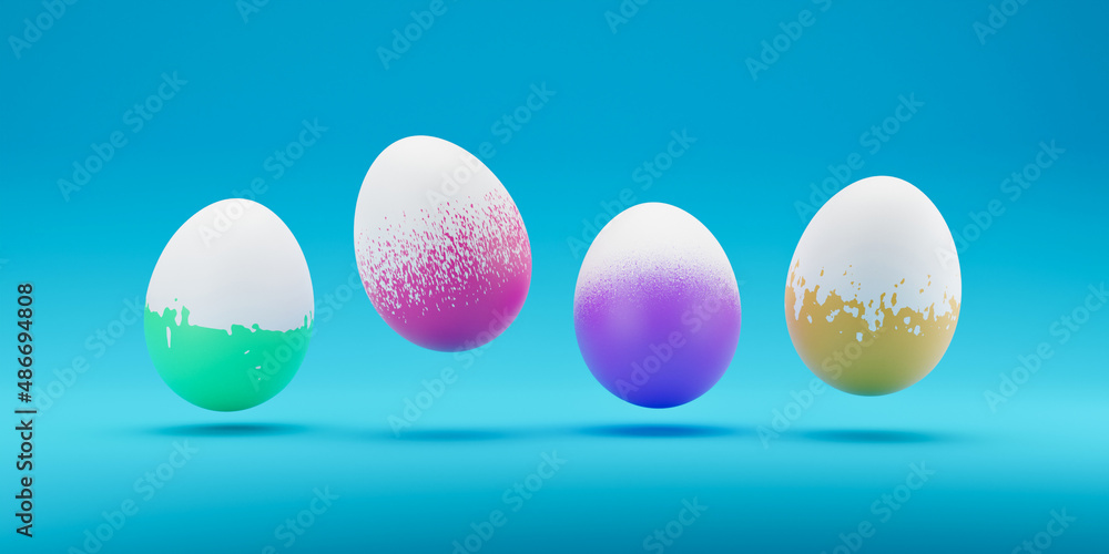 Poster 3d rendering of falling levitation easter eggs with different pattern on blue background. colorful e