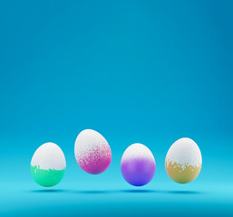 3D rendering of Falling levitation easter eggs with different pattern on blue background. Colorful Easter eggs on pastel blue background. Creative design. 3d rendering