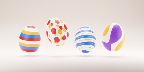 Fototapeta na wymiar 3D Eggs levitating on beige background. easter eggs colorful decoration background. minimal holiday style design. 3d rendering. Natural creative composition render illustration