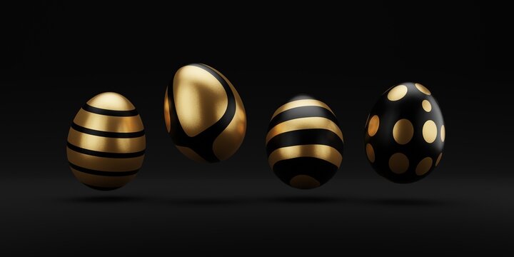 Falling luxury golden 3d easter egg with pattern on black background. 3d rendering Happy Easter Luxury background with golden and black eggs